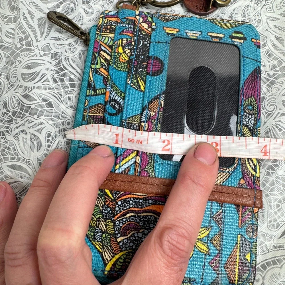 Sakroots Artist Circle ID Lanyard Wallet Teal Floral Owl Charm Tassel Boho